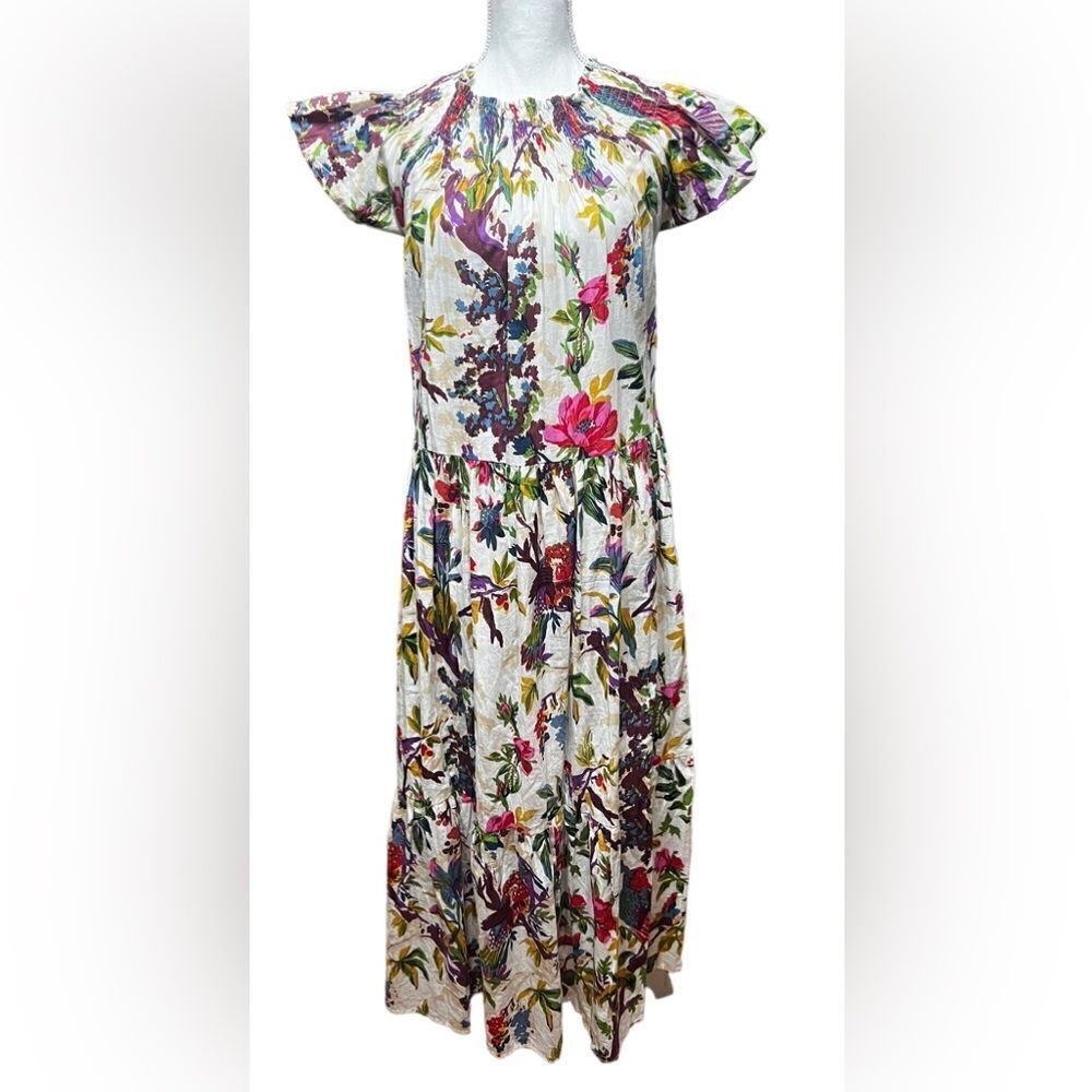 Tuckernuck Guadalupe Design Momposina white Floral Bird Print Maxi Dress novelty